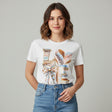 Woman wearing a white t-shirt with a graphic design of "LOVE" on a white background