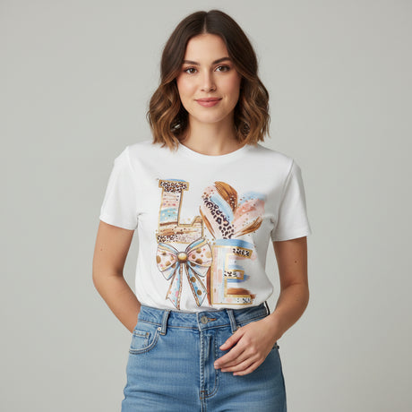 Woman wearing a white t-shirt with a graphic design of "LOVE" on a white background
