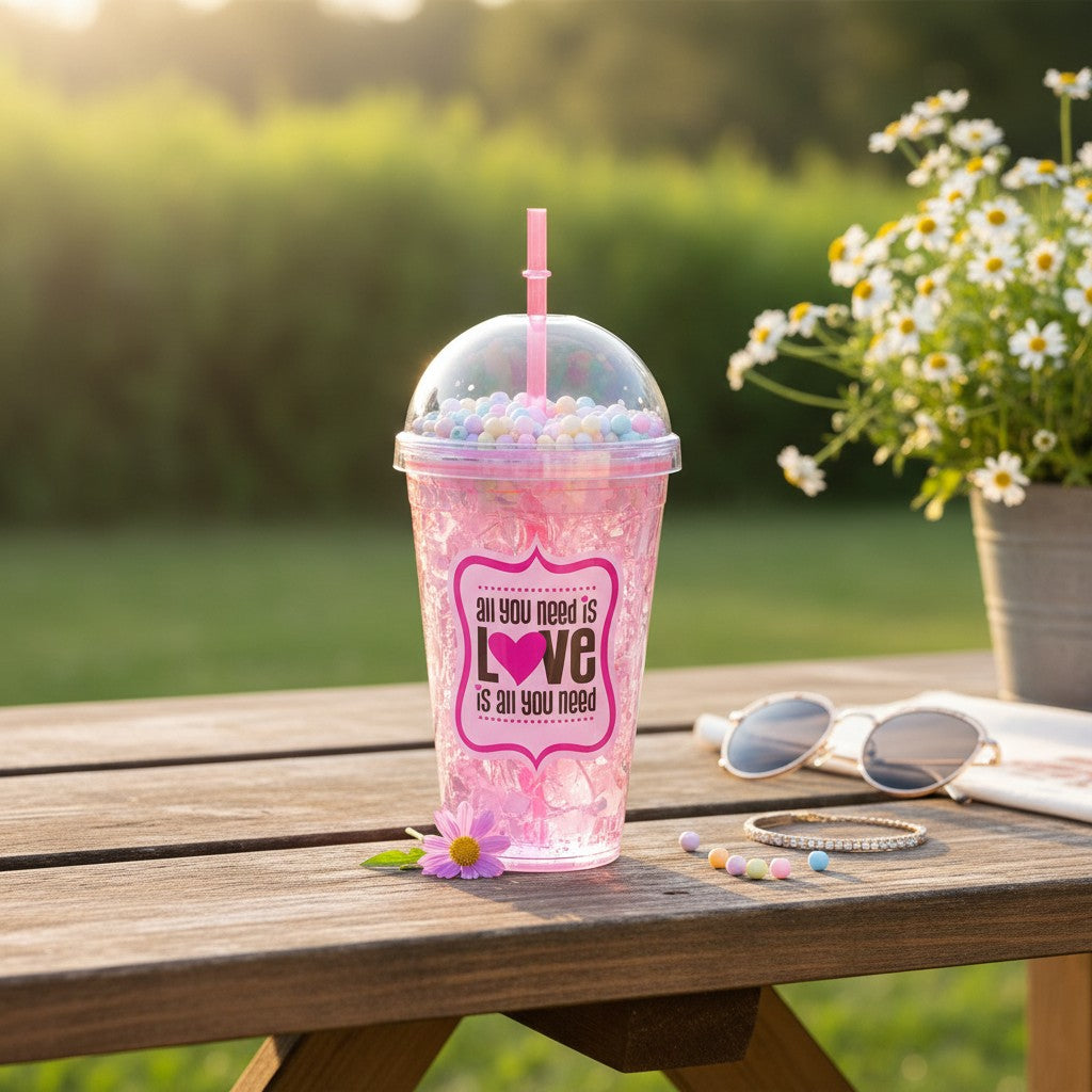 Pink All You Need Is Love heart glitter tumbler with straw