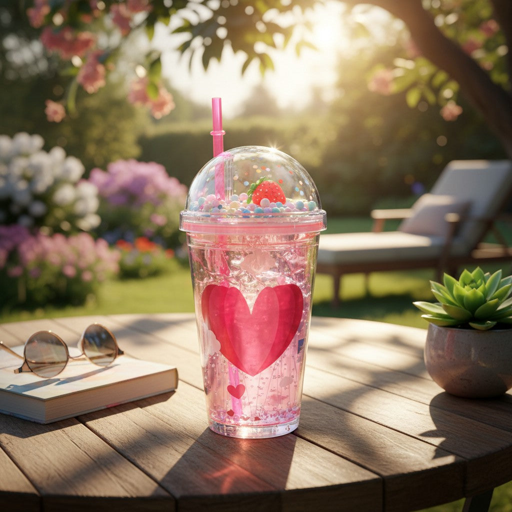 Pink watercolour heart glitter tumbler with straw