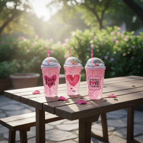 Pink heart glitter tumblers with straws in three designs – Jack Gifts Online Lebanon