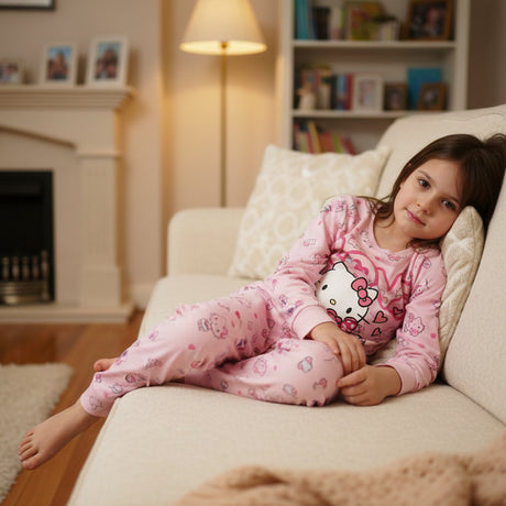 Hello Kitty pajama worn by a girl sitting on a sofa in a living room setting