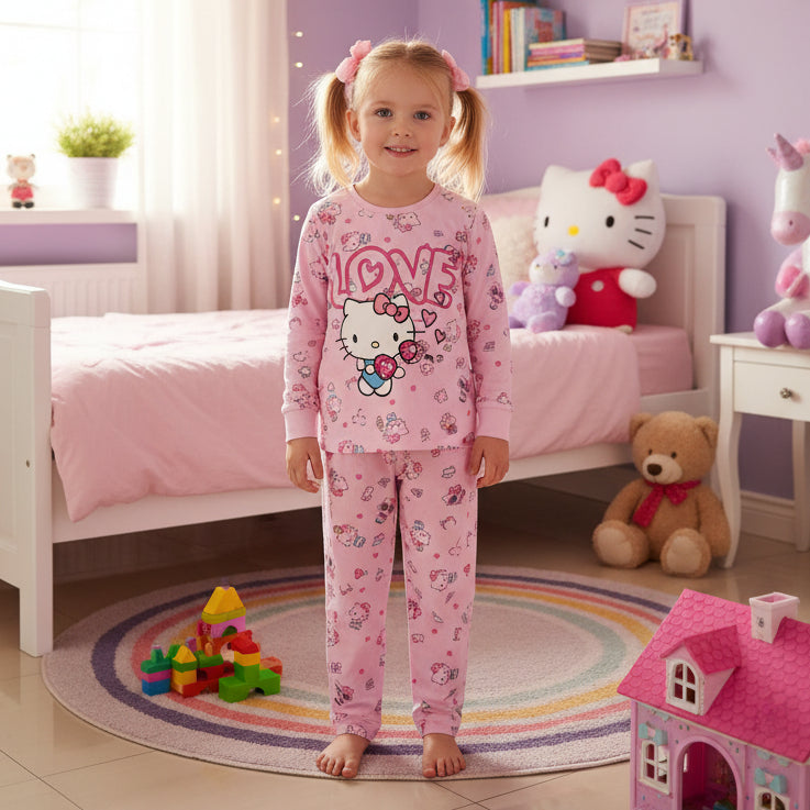 Kid wearing a pink Hello Kitty pajama in a bedroom setting