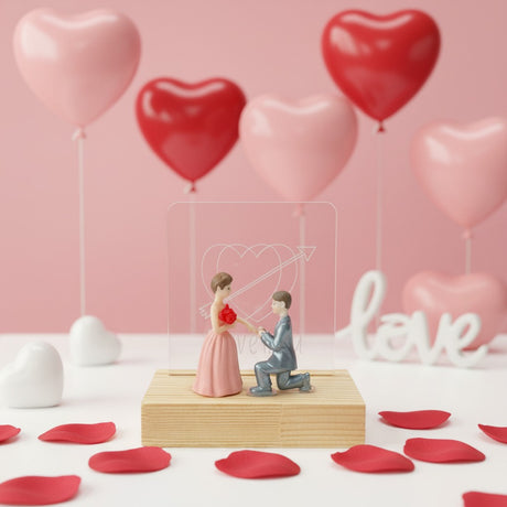 Kneeling proposal figurine on a wooden base, pink heart balloons behind