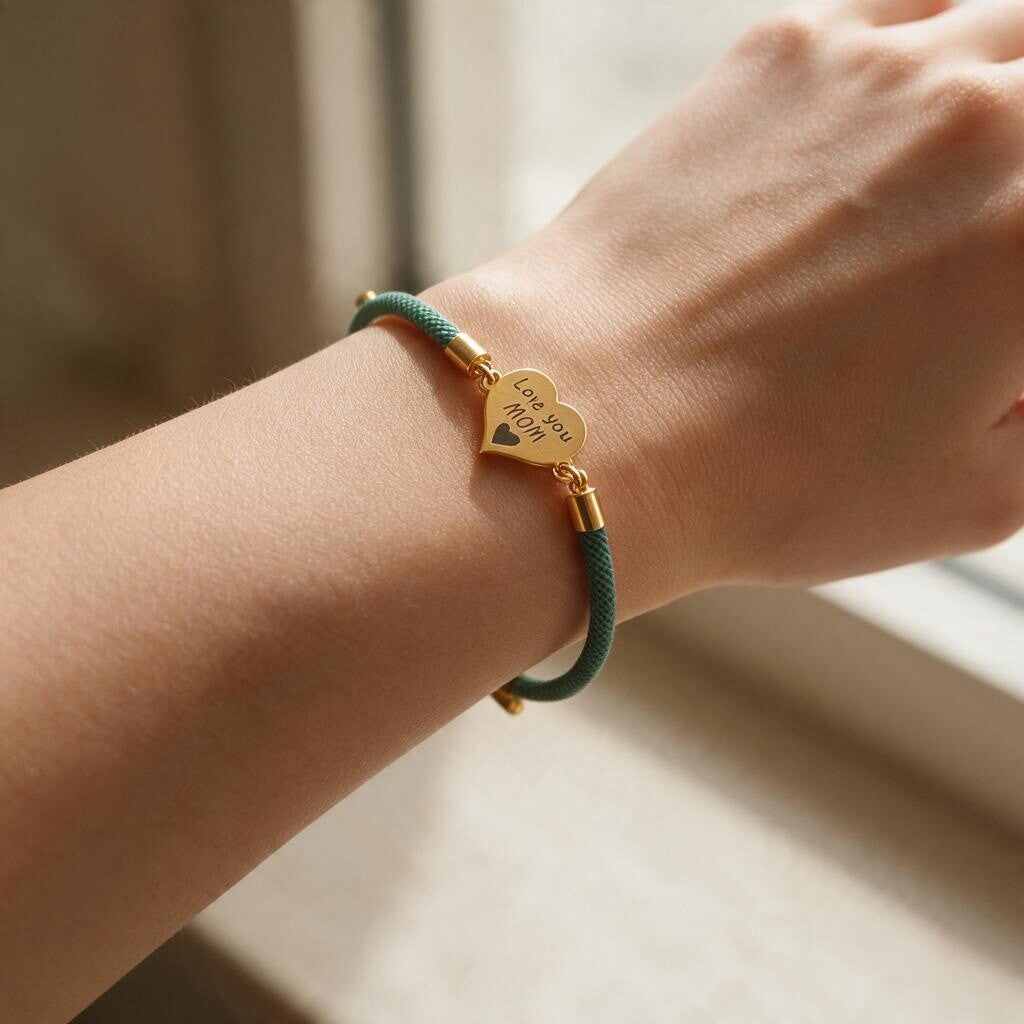 Green cord bracelet with a gold engraved heart charm and sliding bead worn by a window