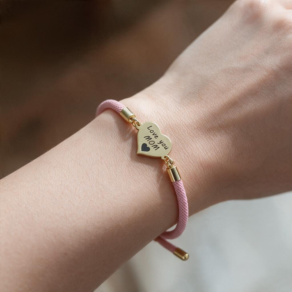 Pink cord bracelet with a gold heart charm engraved Love you MOM worn on the wrist