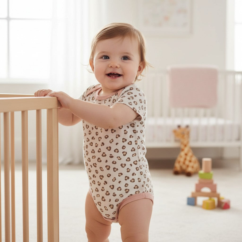 Baby pulling up on a crib in a cream short sleeve bodysuit with brown leopard spots and pink leg trim