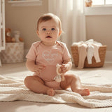 Baby seated on a cream knit blanket in a blush pink bodysuit with a white heart and love you more script