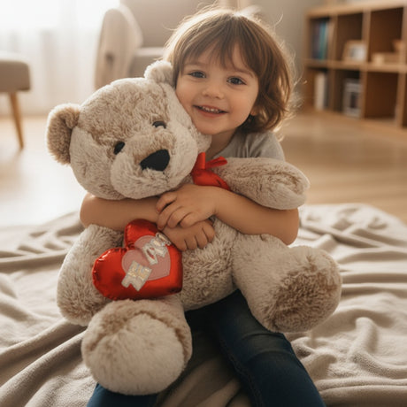 Child hugging the taupe teddy bear with its padded red heart on a cream throw