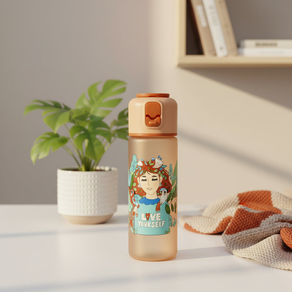 Peach Love Yourself water bottle with a silicone straw, a carry loop and an illustrated girl