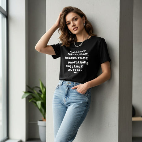 Black slogan tee styled with light blue jeans