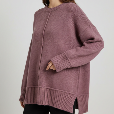 Pink oversized knit top with side slits and a long ribbed hem