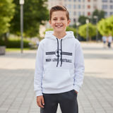 White football hoodie and charcoal jogger set shown flat on a plain background