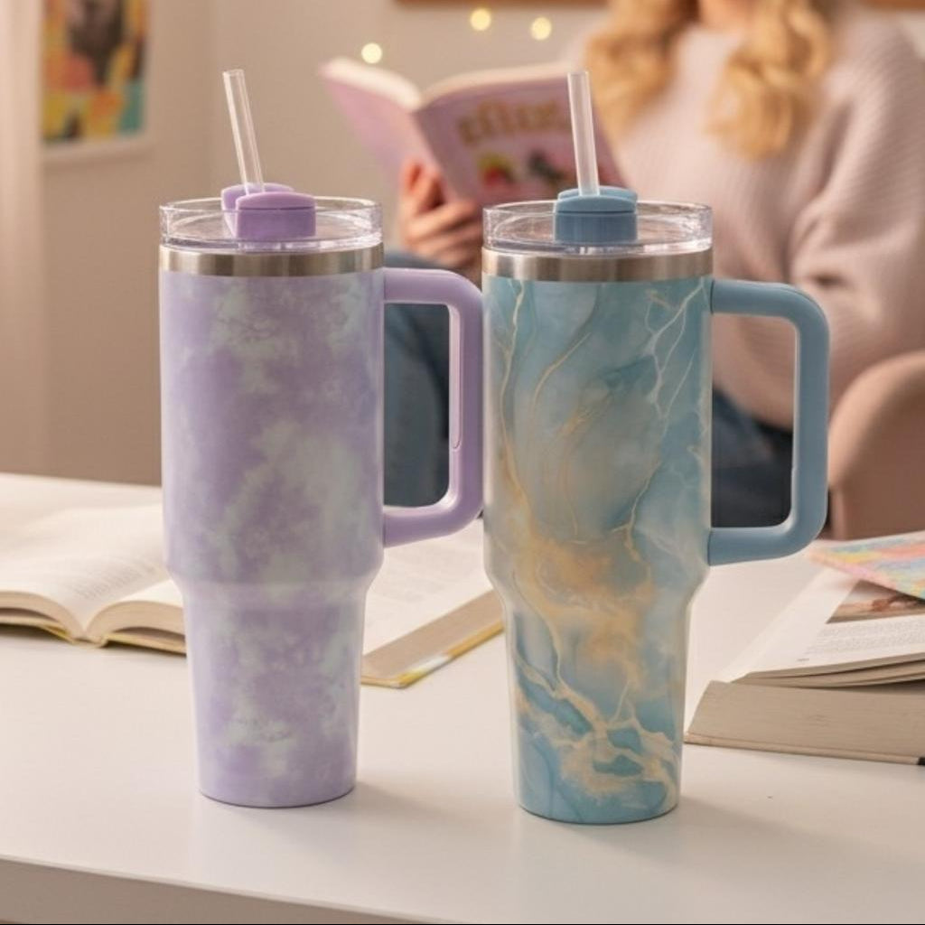 Two marble effect tumblers in lilac and blue teal with clear lids and straws