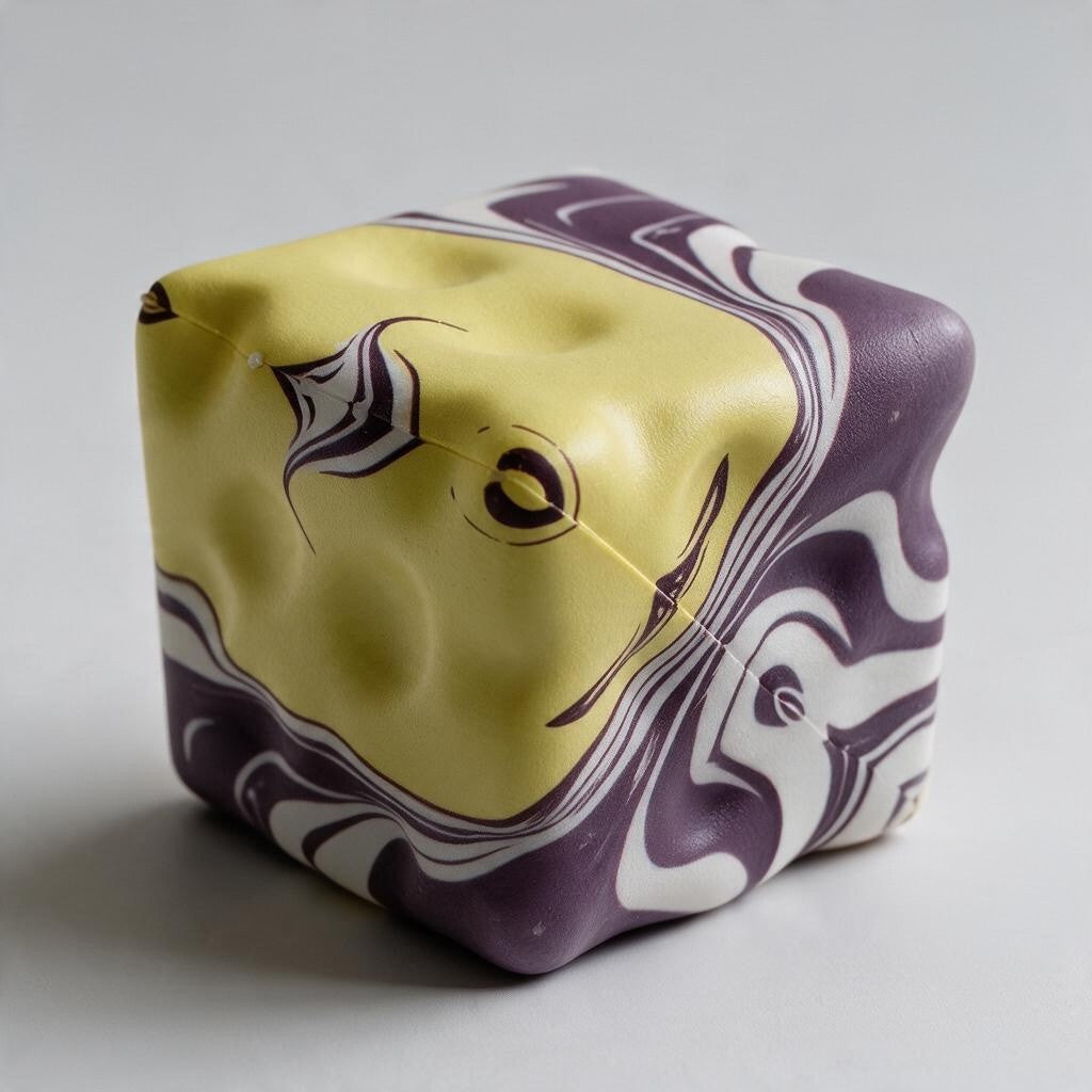 Purple and yellow marbled cube squishy with swirled dimpled sides