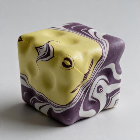 Purple and yellow marbled cube squishy with swirled dimpled sides