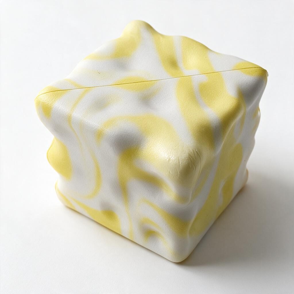 Yellow and white marbled cube squishy with a dimpled surface