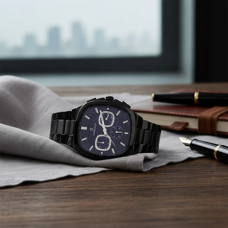 Matte black stainless steel chronograph watch with luminous markers