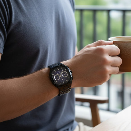 Men's matte black steel chronograph watch worn on the wrist, Jack Gifts Online Lebanon