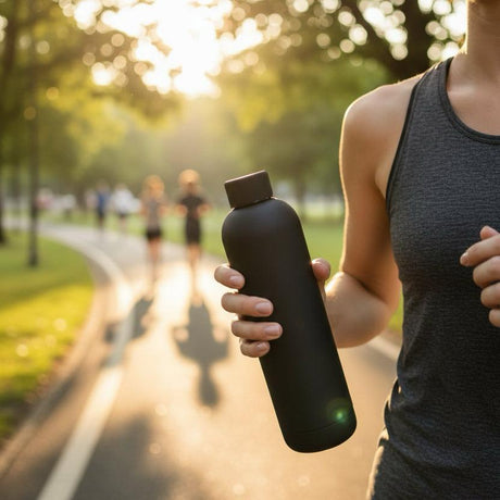 Matte black 750ml insulated bottle held on a sunlit running path