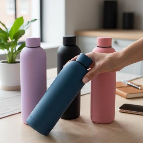 Matte 750ml insulated bottles grouped on a home office desk