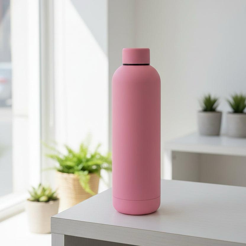 Dusty pink matte 750ml insulated bottle beside small succulents