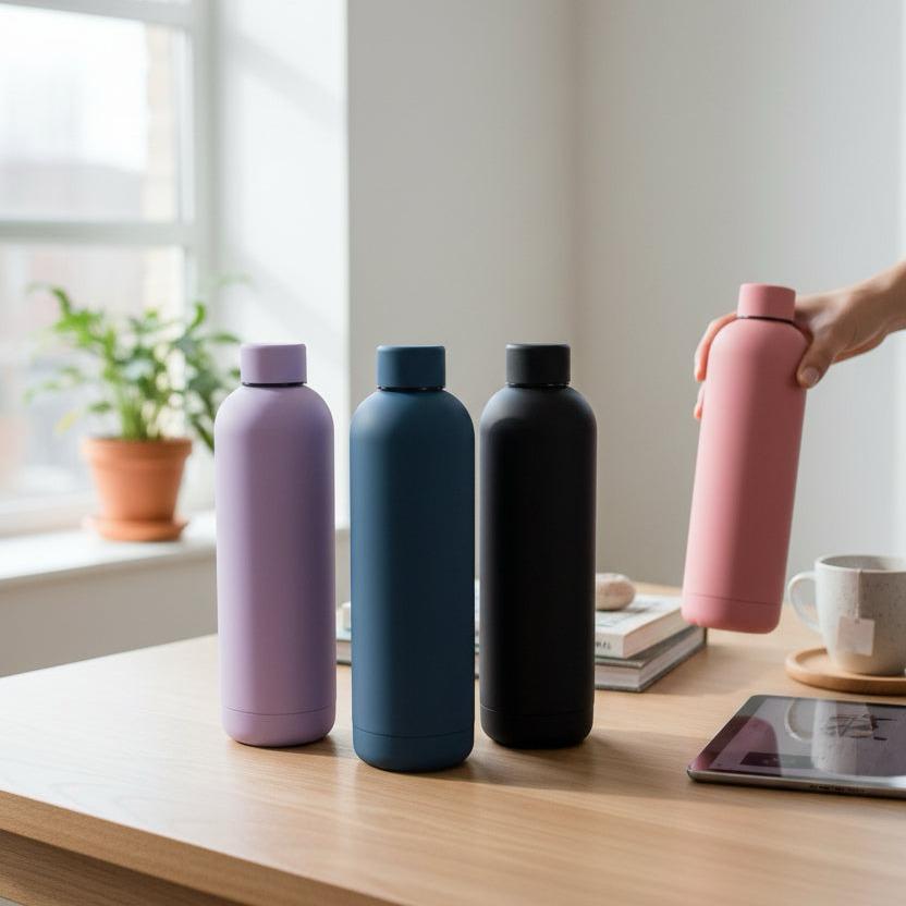 Four matte 750ml insulated bottles in lilac, teal, black and pink on a table