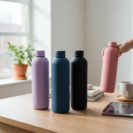Four matte 750ml insulated bottles in lilac, teal, black and pink on a table