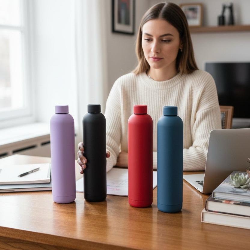 Four matte 1L water flasks in lilac, black, red and slate blue on a desk