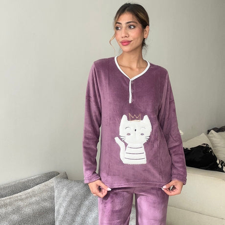 Mauve fleece pyjama top shown from the front with the cat applique at the waist