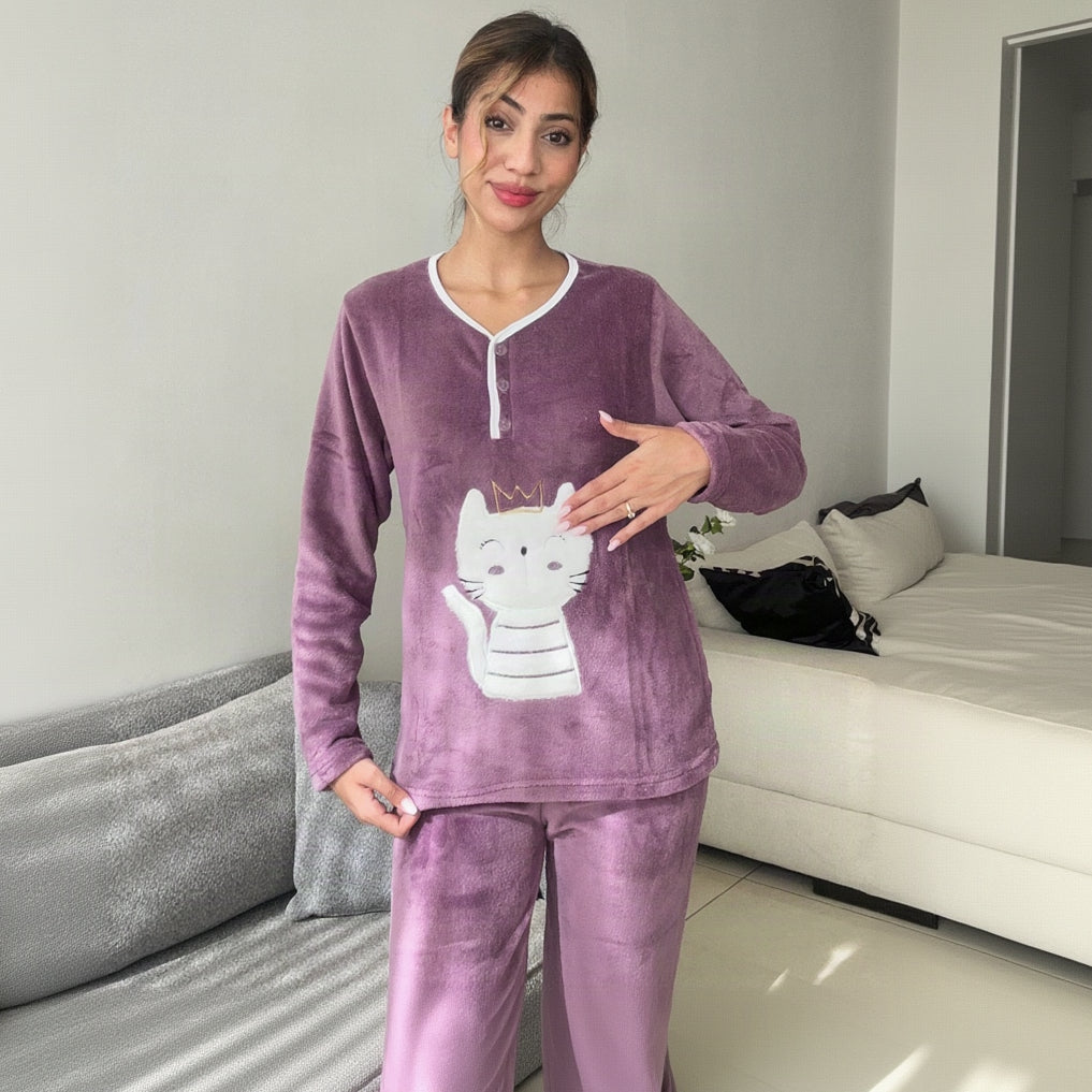 Mauve fleece pyjama set worn relaxed with the loose straight leg bottoms