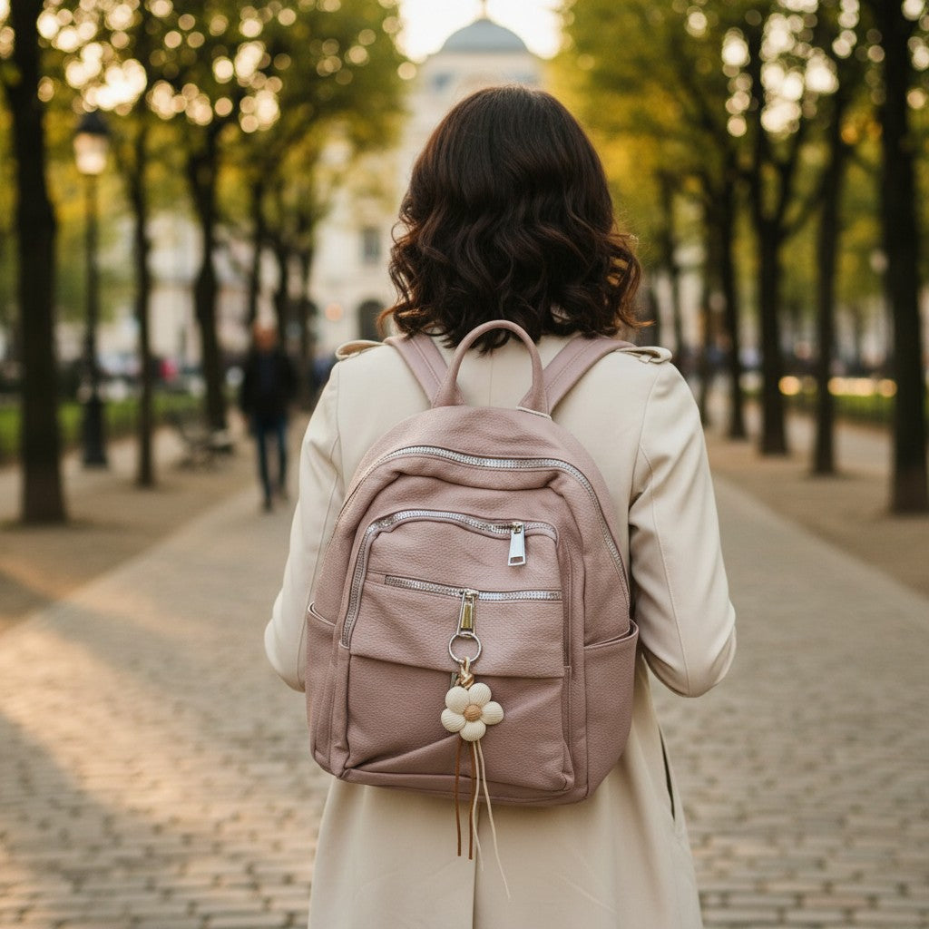 Mauve double zip backpack with woven flower charm, Jack Gifts Online Lebanon