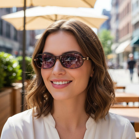 Womens curved wrap sunglasses in tortoise frame with mauve purple lenses, Jack Gifts Online Lebanon