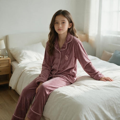 Girl sitting on a bed in mauve velvet pyjamas showing the embroidered chest pocket