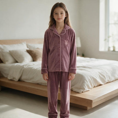 Girl standing barefoot in a mauve velvet pyjama set with pink piping beside a bed