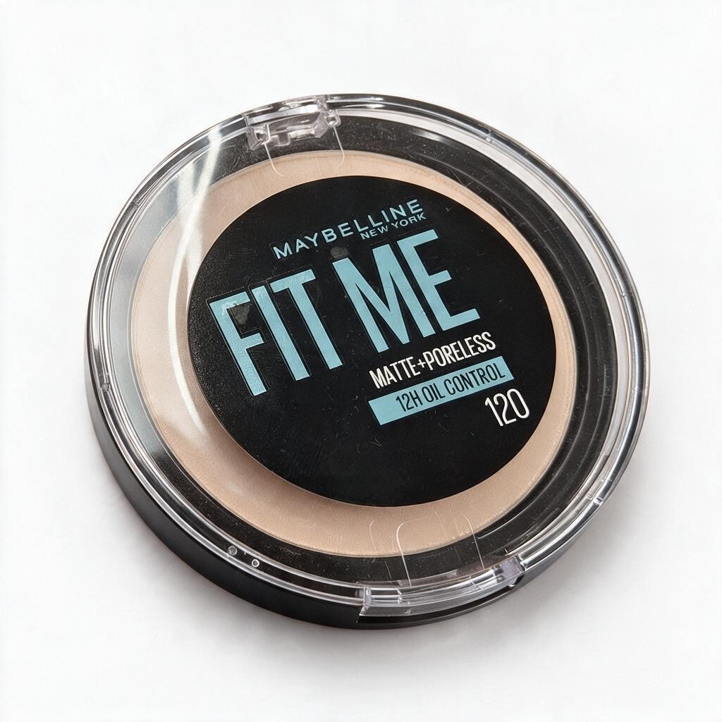 Maybelline Fit Me Matte Poreless pressed powder in shade 120, a large compact angled on a white surface