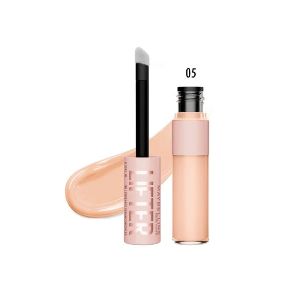 Maybelline Lifter concealer in shade 05 with its applicator and a light peach swatch