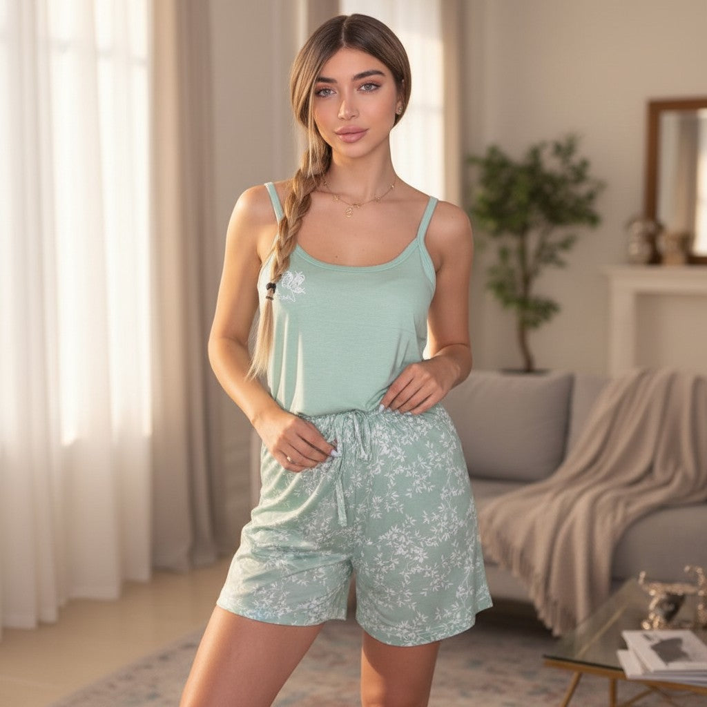 Sage green cami and white floral print pyjama shorts, light summer loungewear