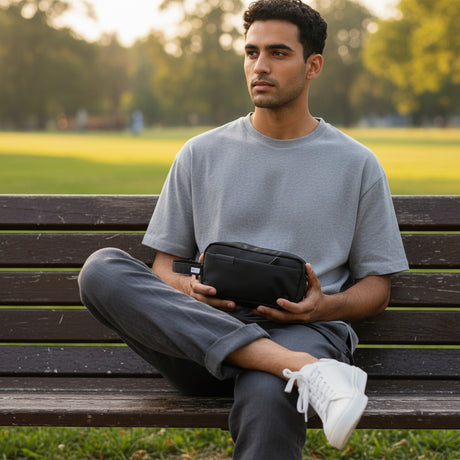 Man sitting on a bench in a park holding a black pouch