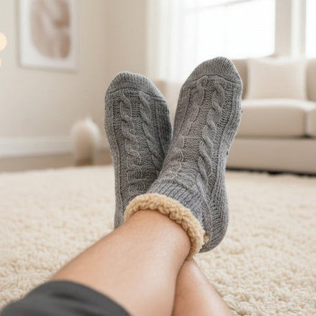 Grey cable knit socks with beige lining worn indoors on a carpeted floor