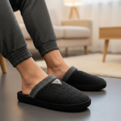 Black slippers worn indoors with a blurred background