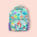 Narwhal, whale and crab print on a mint school bag with purple mesh side pockets