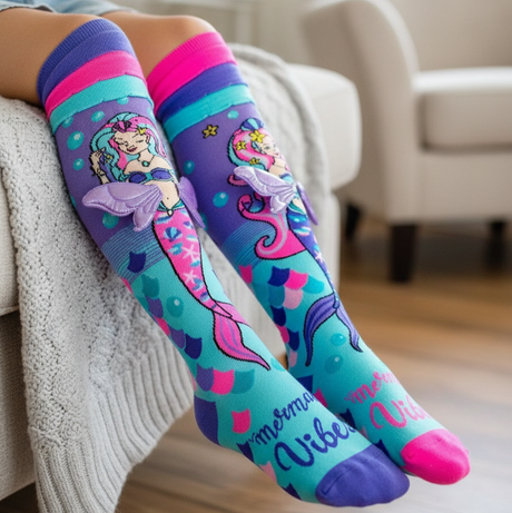 Girls aqua and purple knee high mermaid socks with 3D fabric fins, Jack Gifts Online Lebanon