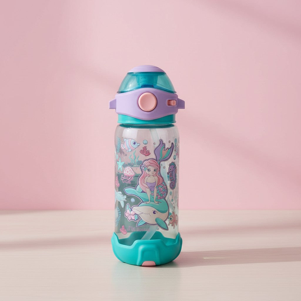 Kids clear mermaid and dolphin print water bottle with teal flip straw lid