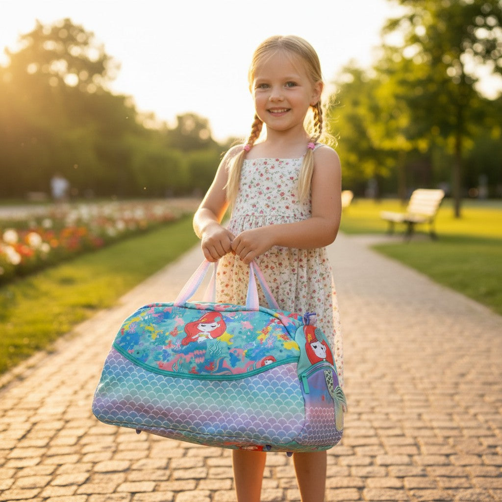 Girl carrying an aqua mermaid duffle bag with a rainbow scale print and pink top handles
