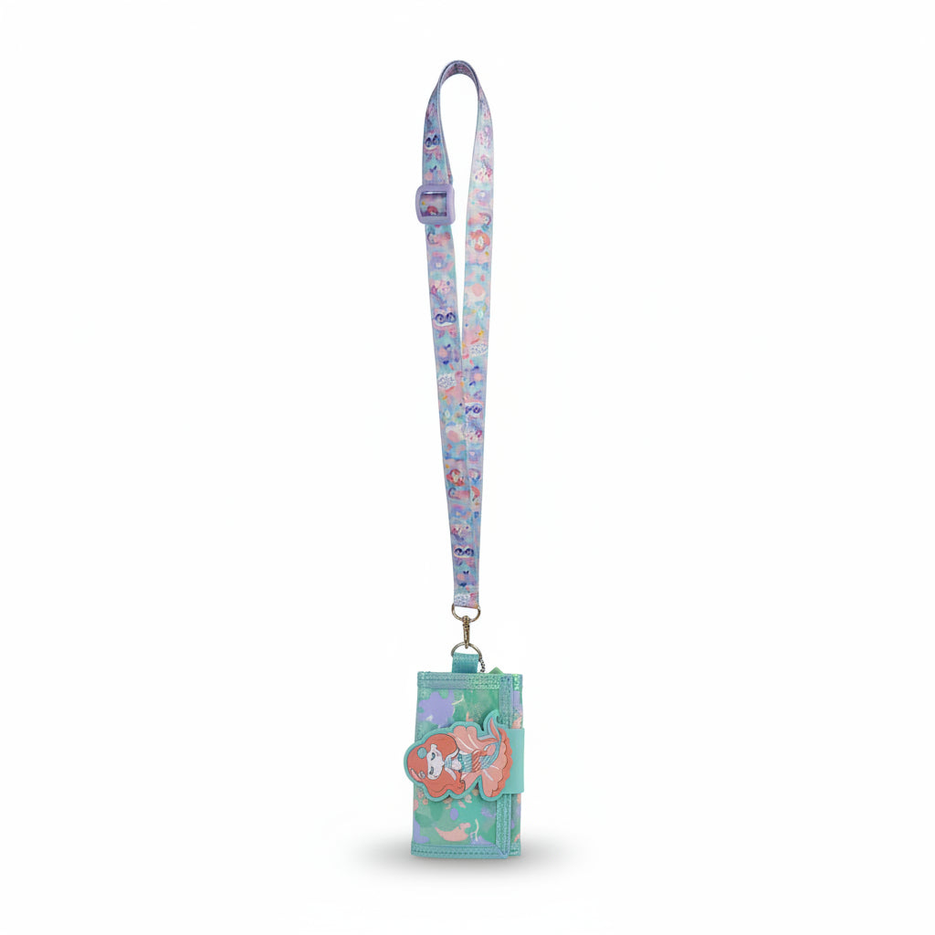 Mint green mermaid trifold wallet with a 3D red haired mermaid flap on an adjustable neck lanyard