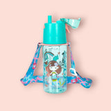 Children's mermaid water bottle with colorful design and strap on a pink background