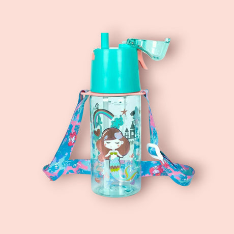 Children's mermaid water bottle with colorful design and strap on a pink background