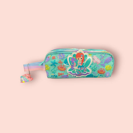 Mermaid-themed pencil case on a pink background