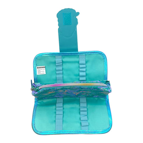 Opened mermaid pencil case, showing it's three compartments